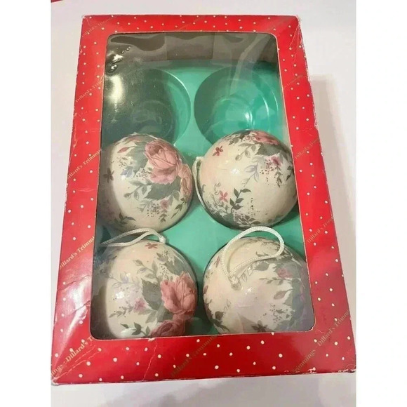 Vintage Dillard's Trimmings Round ORNAMENTS (4) Cream With Roses Balls w Org Box - Picture 5 of 7